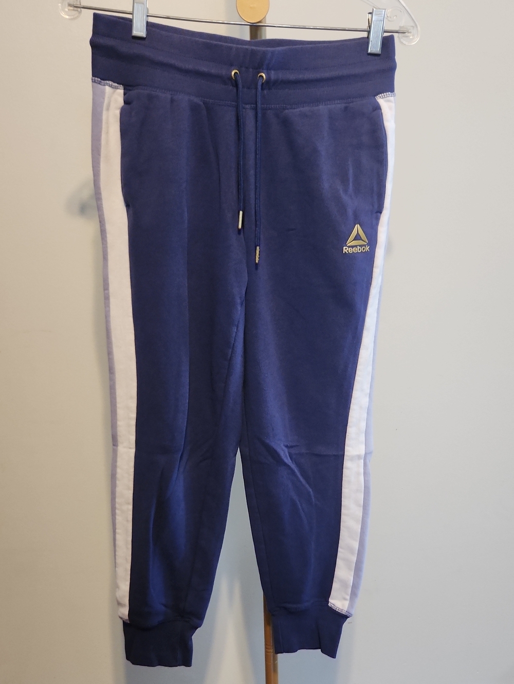 Reebok Navy Blue Jogger Pants with White Side Stripes